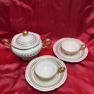 Vintage Castleton Bristol Green Footed Cup & Saucer Set (2) With Sugar Bowl
